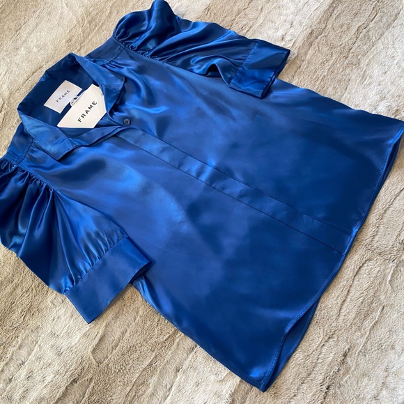 NWT💝FRAME Gillian Silk Collared Puff-Sleeve Top in Slate Blue Size S - Picture 6 of 16